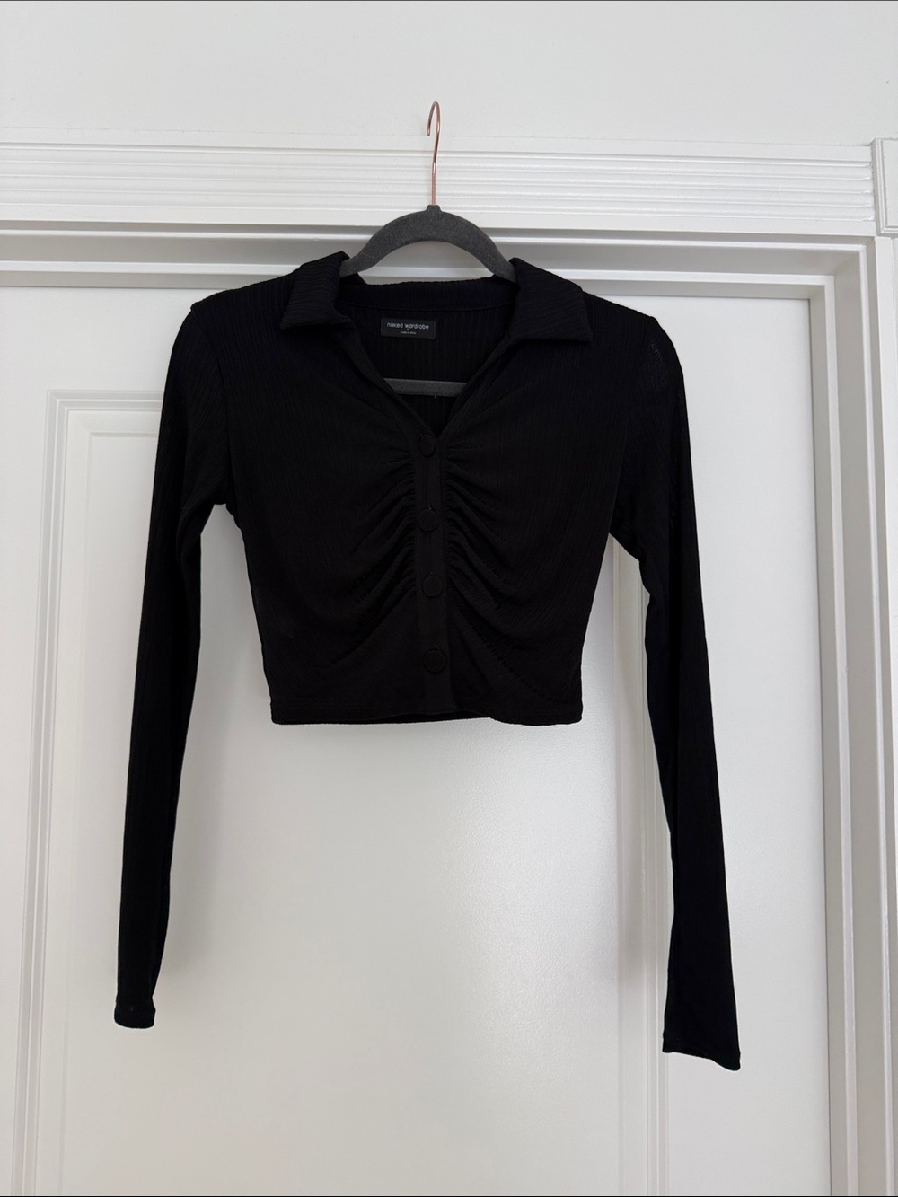 naked wardrobe Black Ribbed Ruched Button-Front Crop Top